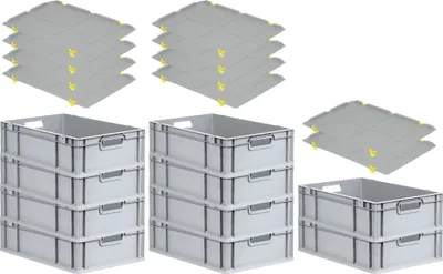 Produktbild von SparSet 10x Eurobox NextGen Economy mit Auflagedeckel und 4x Schiebeschnappverschlüsse Gelb | Griffe offen | HxBxT 17x40x60cm | 34 Liter | Eurobehälter, Transportbox, Transportbehälter, Stapelbehälter