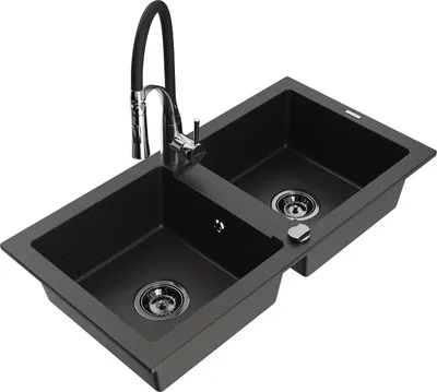 Produktbild von Mexen Mario 2-Becken-Granitspüle mit Mischbatterie Aster, Schwarz/Gold metallisch - 6504-75-73450-07-B