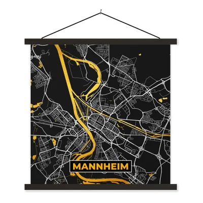 Produktbild von MuchoWow® Textilposter Mannheim - Gold - Karte - Deutschland 90x90 cm mit schwarzem Rahmen - Magnetisches