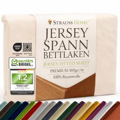 Produktbild von Strauss Home® Premium Spannbettlaken – 160 g/m² Gekämmte Baumwolle – Jersey in Hotelqualität – Formstabil & Langlebig – Rundumgummi – Für Matratzen bis 27 cm – 90x200-100x200 cm - Creme / Natur  