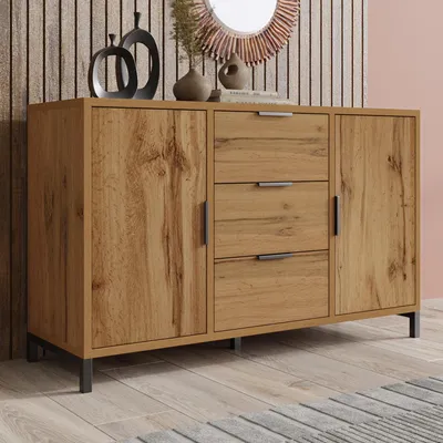 Zdjęcie produktu dla Komoda z 2 drzwiczkami i 3 szufladami, regulowana półka, komoda z dębowymi drzwiczkami, ciemny dąb- 120x76x40 cm