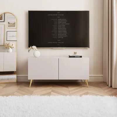 Image de Idohome TV Lowboard Angel 100 cm Cachemire - armoire avec éclairage LED, armoire TV sur pieds métalliques dorés, meuble média, Push to Open
