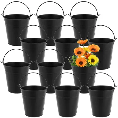 Produktbild von Elzusha – Metallische Eimer, 10 cm – 12 Stück – Verzinkt – Hänge-Blumenkasten – Leicht – Rustikale Dekoration – Mit Griff – Pflanzgefäß