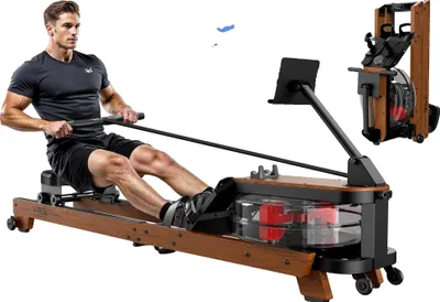 Zdjęcie produktu dla Wioślarz, drewniana rama, regulowana długość, kompatybilność z Bluetooth, regulacja oporu, nośność 180 kg