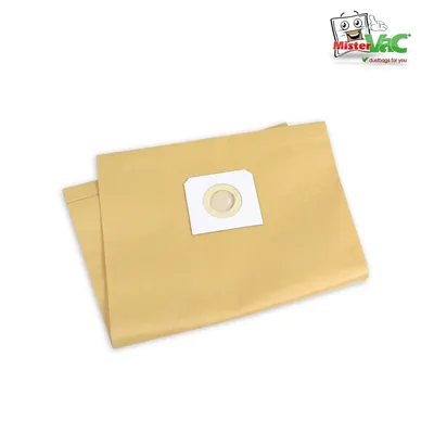 A stack of tan paper vacuum cleaner bags with a white circular opening on the top bag. A logo is in the upper right corner.