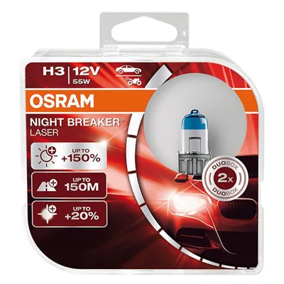 Produktbild von OSRAM NIGHT BREAKER® LASER H3 next Generation, +150% mehr Helligkeit, Halogen-Scheinwerferlampe, 64151NL-HCB, 12V PKW, Duo Box (2 Lampen)