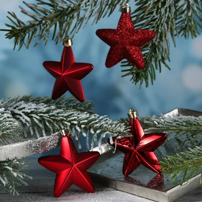 Christbaumschmuck STERN - Weihnachtsschmuck - bruchfest - glänzend matt glitzernd - rot - 6 Stk.