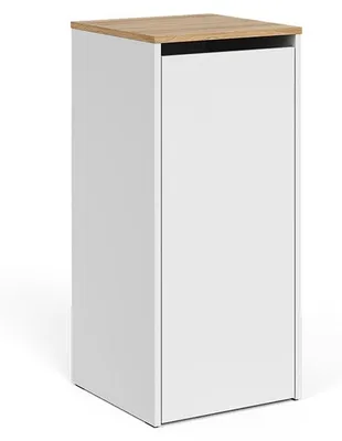 A white cabinet with a wooden top.