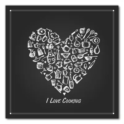 Produktbild von Wallario selbstklebende Möbelfolie/ Tischdecke für Innen und Außen, Größe: 60 x 60 cm - I Love Cooking - Herz aus Küchenutensilien in schwarz weiß