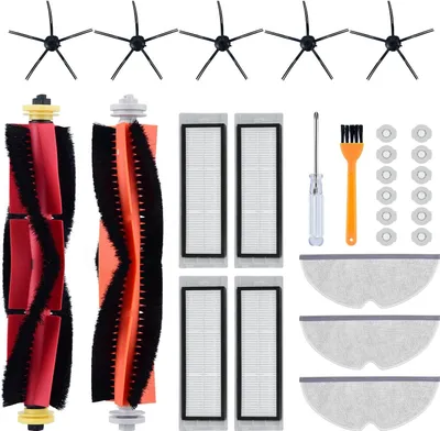 A collection of robot vacuum cleaner accessories, including brushes, filters, and cloths, laid out on a white background.