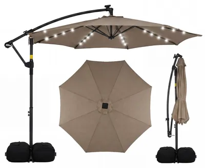 Zdjęcie produktu dla Parasol COSTWAY 300 cm z podstawą, oświetleniem LED i korbą, parasol typu „ampel”, parasol ogrodowy, obracany o 360°, parasol targowy, parasol tarasowy, kolor brązowy