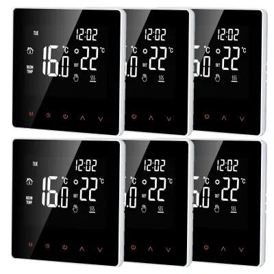 A collage of six digital thermostats arranged in two rows of three.