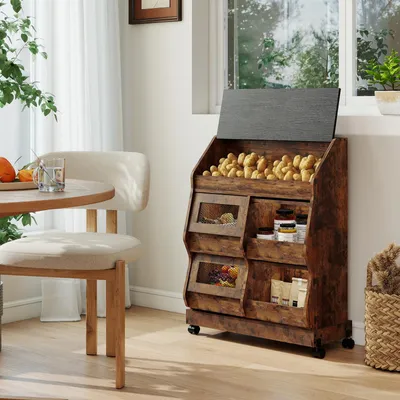 Image de Étagère de cuisine Puluomis, double rangée, avec bacs à légumes sur roulettes. Boîtes à légumes ventilées pour le stockage de légumes et de fruits, y compris des boîtes à pommes de terre, disponibles en noir et en marron