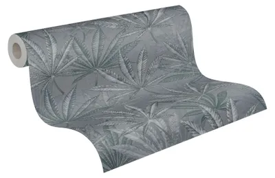 Vliesbehang Jungle mit Blättern, Grau, 53x1005 cm