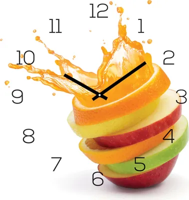 A clock face made of stacked fruit slices with orange juice splashing.