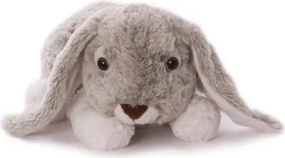 A plush toy rabbit lying down on a white background.