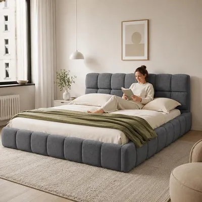 Obrázek produktu pro Postel Bubble Bett 140x200 cm, čalouněná postel 140x200 s roštem, postel Cloud, postel Marshmallow, dvoulůžko 140x200 s opěrkou, dětská postel, nízká postel, bez matrace, lněné povlečení
