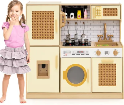 Produktbild von COSTWAY Kinderküche Spielküche, Holzküche Holz mit Rattantüren, Licht, Sound, Kühlschrank, Wasserspender, Waschmaschine&Kochzubehör, für Kinder 3+ Gelb