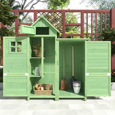 Produktbild von Gartenhaus, Aufbewahrungsschrank aus Holz, wetterfest, Schrank mit Doppeltüren, für Gartengeräte, Gartenausrüstung und Gepäck, Grün