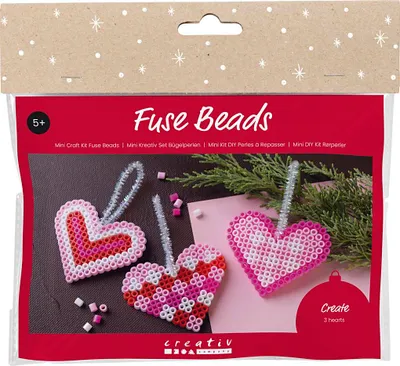 Produktbild von Creativ Company Mini-Hobby-Set Bügelperlen, Weihnachtsherzen, Rosa, Hellrosa, Primärrot, Weiß, 1 Box