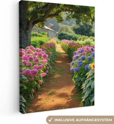 Produktbild von MuchoWow® - Leinwandbilder - Blumen - Weg - Sonnenblumen - Garten - Hortensie, Wandbild, Wanddeko Bilder Wohnzimmer, 90x120cm
