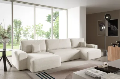 Produktbild von Ecksofas in U-Form ANTONIO CENTAUR 398x148cm, Wohnlandschaft mit Schlaffunktion & Bettkästen, Eckarniutur / Couch in Bouclé-Stoff Hellbeige
