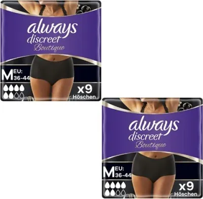 Two packages of Always Discreet Boutique incontinence pants.