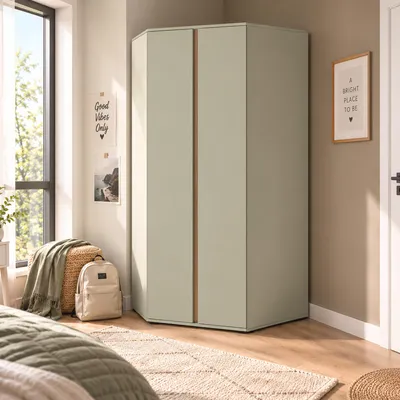 Produktbild von Jugendzimmer Eckkleiderschrank 95 cm breit in Grün mit Eiche, 2 Türen, 2 Kleiderstangen - LAUKA-133