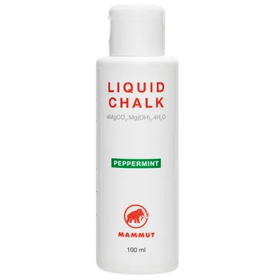 A white bottle of liquid chalk with red and green text and a red logo.