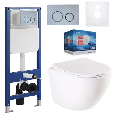 Produktbild von sanicomfort Wand WC-Set Aliki + Vorwandelement inkl. runder Betätigungsplatte hellgrau | Unterputz-Komplettset mit 2-Mengen-Spülung | Hygienische Keramik & stabile Montage