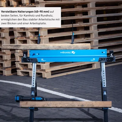 Produktbild von HÖGERT TECHNIK Arbeitsbock Höhenverstellbarer Klappbock 61,5-82?cm mit 590?kg Tragkraft, Balkenauflagen 40-90?mm, Rutschfester Arbeitsfläche, klappbaren Stützen und Tragegriff