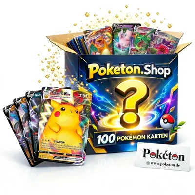 Produktbild von 100 Pokemon Karten inkl. 10 Holos/Reverse - Original Deutsch - Zufallsmix - inkl. Poketon Visitenkarte