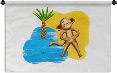Produktbild von MuchoWow® Wandteppich Wandbehang Affe - Strand - Palme - Meer 120x80 cm Tapisserie Dekoration Wandtuch - Wanddekorationen - Wandtücher