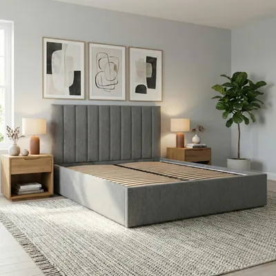 Produktbild von Polsterbett POLLA 140x200 – Modernes Doppelbett mit Kopfteil und Holzlattenrost, ohne Bettkasten Dunkelgrau Geflecht