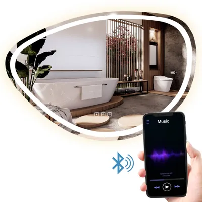 A modern bathroom with a freestanding bathtub, a toilet, and a vanity area, reflected in a large, illuminated mirror. A smartphone is shown in the foreground, connected via Bluetooth to the mirror.