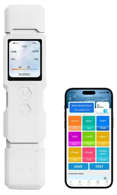 Produktbild von Wasser Tester 9-in-1 Smart mit App – Digitales Messgerät für Trübung TDS EC Temperatur Salz GH TOC COD UV275 | Profi