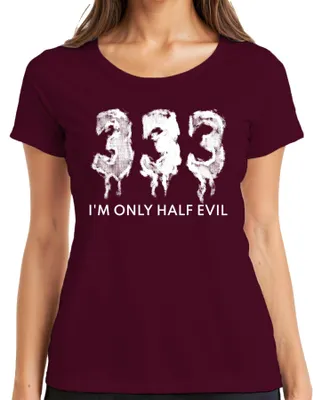Obrázok produktu pre I'm Only Half Evil Halloween Spruch Lustig Gruselig Teufel Gothic Damen T-Shirt, Burgundy, L