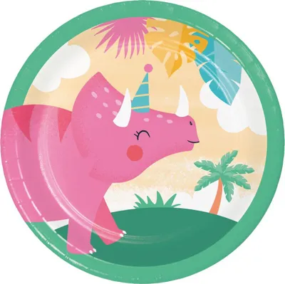 Produktbild von Farbenfrohe Pappteller mit Dino Girls Motiven, 18 cm, 8 Stück für Kindergeburtstag