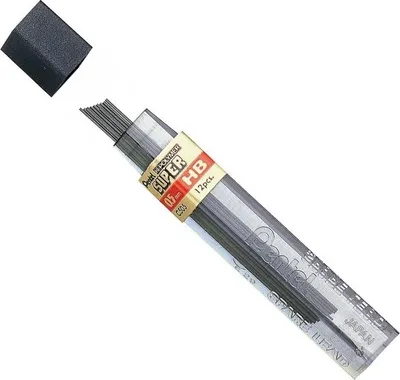 A package of mechanical pencil leads with the cap off, showing the leads inside a clear plastic tube.