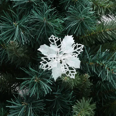 Image de 12 pièces scintillantes décoration d'arbre de Noël, ornement d'arbre de Noël en plastique, décoration de fleurs de Noël, pendentif d'arbre de Noël, 9cm, blanc, plastique