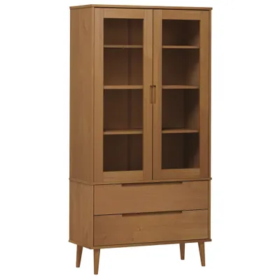 A standalone wooden display cabinet with glass doors and drawers against a white background.