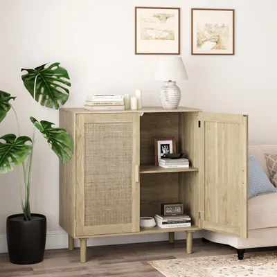 Produktbild von STILVORA Aufbewahrungsschrank 80 cm mit Rattanfront und 2 Türen, Sideboard für Wohnzimmer und Esszimmer, Flurschrank für Diele,Natürlich