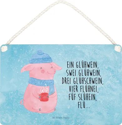 Produktbild von Mr. & Mrs. Panda Schild Schweinchen Glühwein DIN A5 - Eisblau - Geschenk, kleine aufmerksamkeit, Türschild, holzbild, Betrunken, Wandbild Holz, Spruch, Weihnachten