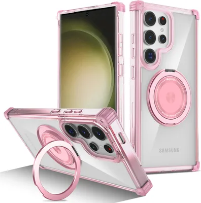 Produktbild von Handyhülle für Samsung Galaxy S23 Ultra Magnetisches Ringhalter Ständer Kompatibel mit Magsafe Militärschutz Transparente Hülle Pink