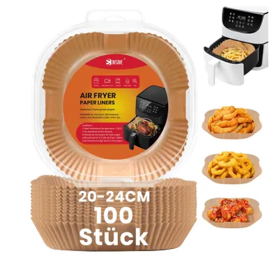 Produktbild von Backpapier für Heißluftfritteuse, 100 Stück, 20–24 cm quadratisch für 5,7–9 l Körbe, ungebleichtes Airfryer-Backpapier, ideal für Ofen