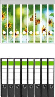 Produktbild von Wallario 8 Stück schmale Ordner inkl. Klebeetiketten mit Motive Blumen mit Schmetterling -  Set mit Rückenschildern / Ordnerrücken Stickern