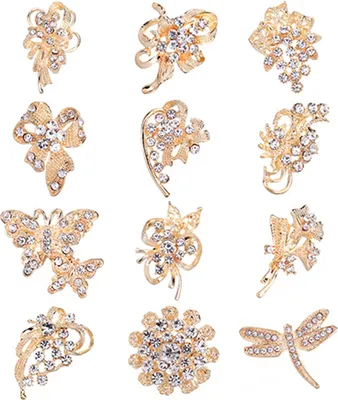 Produktbild von 12 Stück Damen Strass Hohle Blume Schmetterling Braut Schal Revers Brosche Pins-Golden