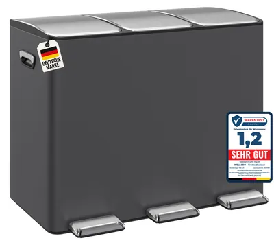 Produktbild von WELLGRO Treteimer 3x15L Grau – Edelstahl mit Softclose & Pedal