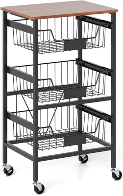A three-tiered rolling storage cart with a wooden top.