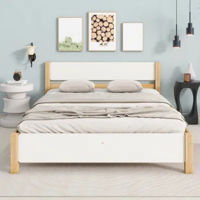 Produktbild von Doppelbett, Holzbett,Erwachsenenbett, mit Kopf- und Fußteil aus MDF, Weiß + Natur, 140x200 cm